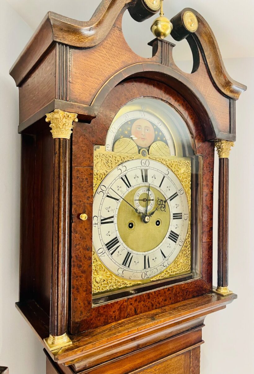 Walnut & Oak Georgian Moonphase Longcase Clock 9