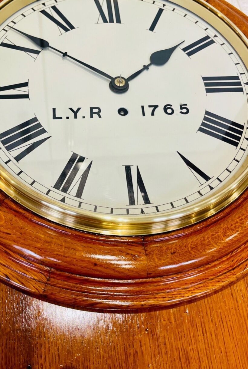 Lancs yorks Railway Oak Fusee Drop Dial Clock 8